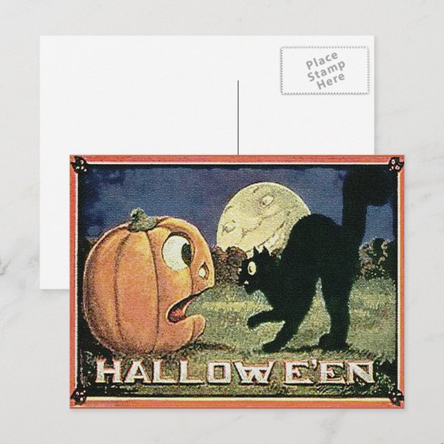 Vintage Halloween Pumpkin  & Cat in Mosaic Postcard (Front/Back)
