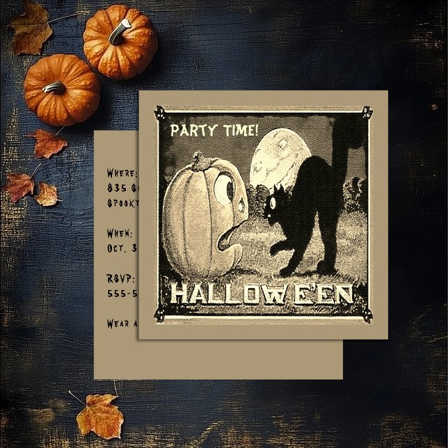 Vintage Halloween Pumpkin Cat in Mosaic Sepia Invitation (Vintage Halloween Pumpkin Cat in Mosaic Sepia Invitation)