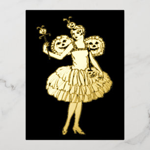 Vintage Halloween Pumpkin Fairy Illustration Foil Holiday Postcard