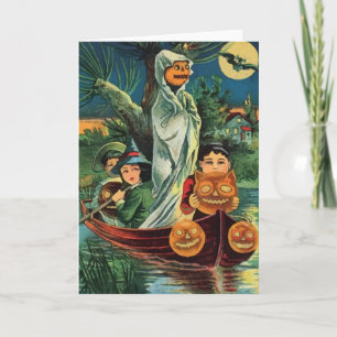 Vintage Halloween Pumpkin Ghost Card