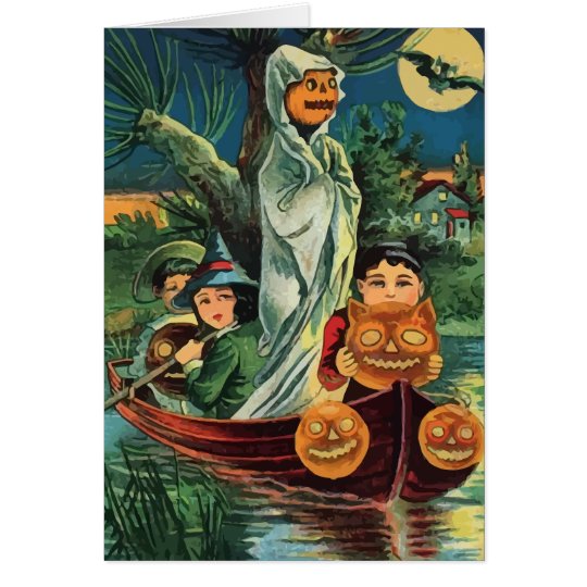 Vintage Halloween Pumpkin Ghost Card