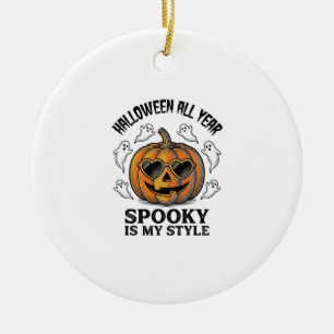 Vintage Halloween Pumpkin Ghost Engraving Shirt_1 Ceramic Ornament