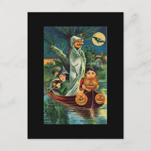 Vintage Halloween Pumpkin Ghost Postcard