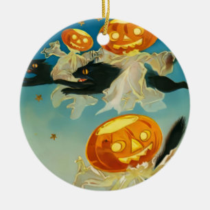 Vintage Halloween Pumpkin Ghosts and Black Cats Ceramic Ornament