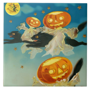 Vintage Halloween Pumpkin Ghosts and Black Cats Ceramic Tile