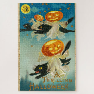 Vintage Halloween Pumpkin Ghosts and Black Cats Jigsaw Puzzle