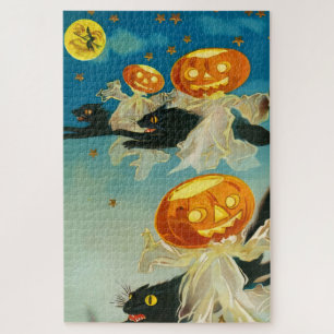 Vintage Halloween Pumpkin Ghosts and Black Cats Jigsaw Puzzle