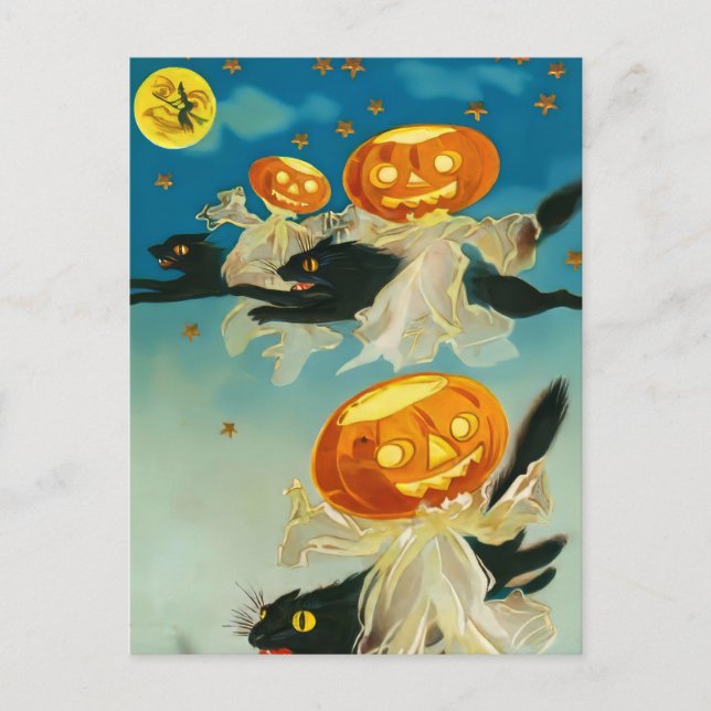 Vintage Halloween Pumpkin Ghosts and Black Cats Postcard (Front)