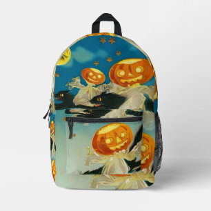 Vintage Halloween Pumpkin Ghosts and Black Cats Printed Backpack