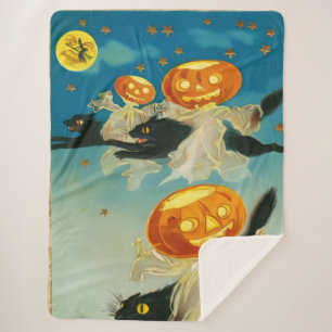 Vintage Halloween Pumpkin Ghosts and Black Cats Sherpa Blanket