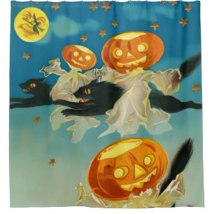 Vintage Halloween Pumpkin Ghosts and Black Cats Shower Curtain