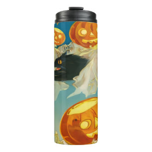 Vintage Halloween Pumpkin Ghosts and Black Cats Thermal Tumbler