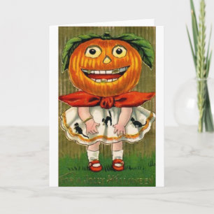 Vintage Halloween Pumpkin Head Girl Card