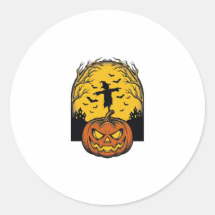 Vintage Halloween Pumpkin Moon Scarecrow Art_1 Classic Round Sticker