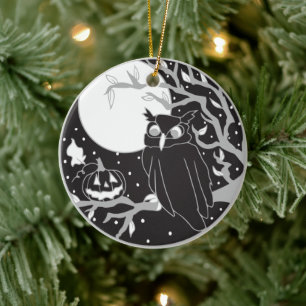 Vintage Halloween Pumpkin & Owl Ceramic Ornament