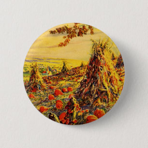 Vintage Halloween Pumpkin Patch with Haystacks 6 Cm Round Badge