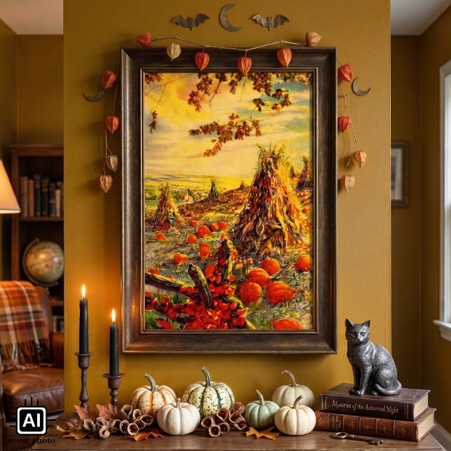 Vintage Halloween Pumpkin Patch with Haystacks Poster (Vintage illustration Halloween design featuring an autumn scene with a pumpkin patch and haystacks.)