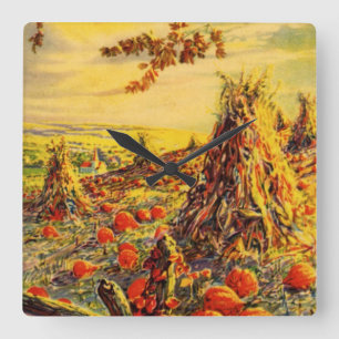 Vintage Halloween Pumpkin Patch with Haystacks Square Wall Clock