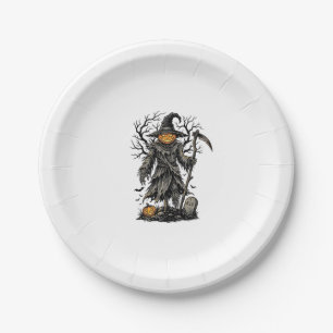 Vintage Halloween Pumpkin Scarecrow Shirt Design_1 Paper Plate