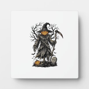 Vintage Halloween Pumpkin Scarecrow Shirt Design_1 Plaque