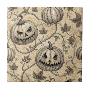 Vintage Halloween Pumpkin Vine Pattern Ceramic Tile