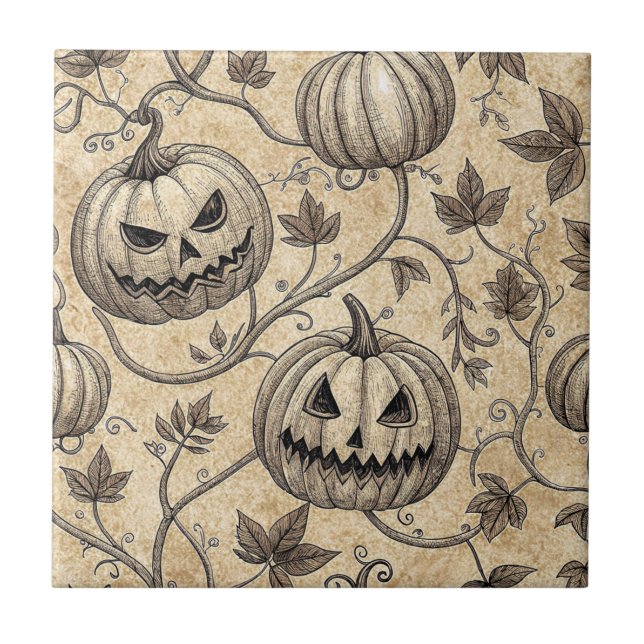 Vintage Halloween Pumpkin Vine Pattern Ceramic Tile (Front)