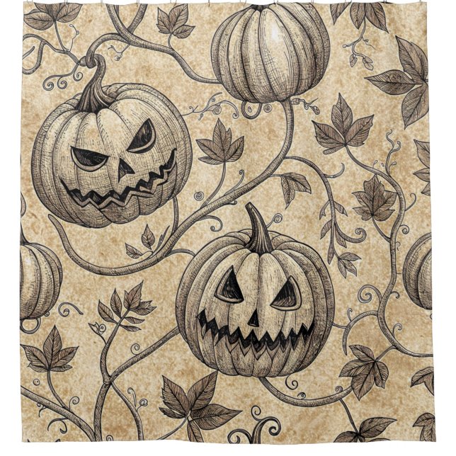 Vintage Halloween Pumpkin Vine Pattern Shower Curtain (Front)