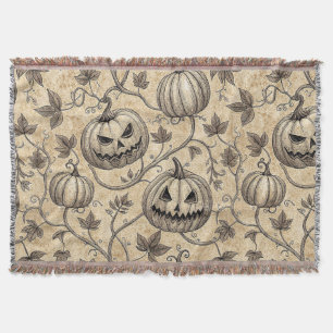 Vintage Halloween Pumpkin Vine Pattern Throw Blanket