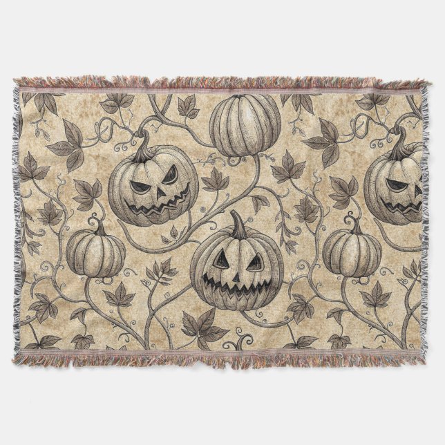 Vintage Halloween Pumpkin Vine Pattern Throw Blanket (Front)