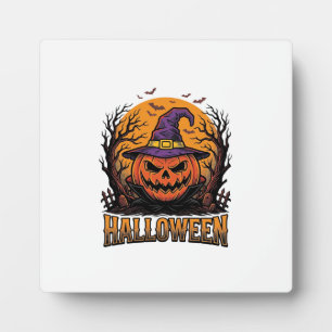 Vintage Halloween Pumpkin Witch Hat Graphic_1 Plaque