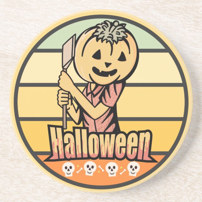 VINTAGE HALLOWEEN PUMPKIN WITH AXE AND SKULL COASTER (Front)