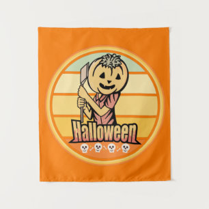 VINTAGE HALLOWEEN PUMPKIN WITH AXE AND SKULL TAPESTRY