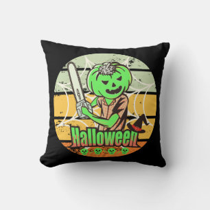 VINTAGE HALLOWEEN PUMPKIN WITH CHAINSAW AND SKULL CUSHION