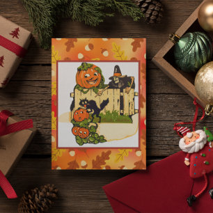 Vintage Halloween Pumpkins and Witch Card