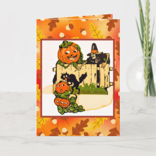 Vintage Halloween Pumpkins and Witch Card