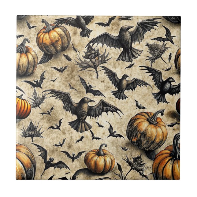 Vintage Halloween Pumpkins Bats Crows Autumn Ceramic Tile (Front)