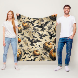 Vintage Halloween Pumpkins Bats Crows Autumn Fleece Blanket