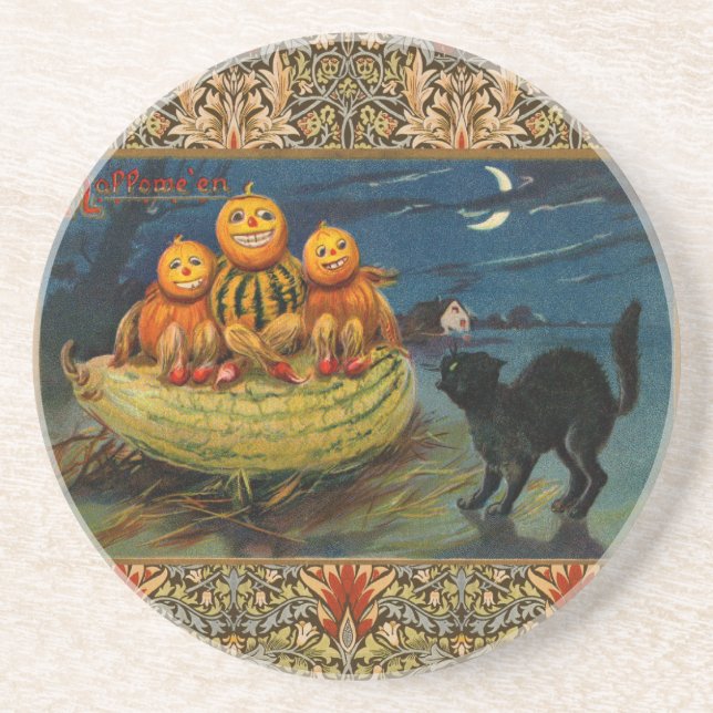 Vintage Halloween Pumpkins Black Cat Coaster (Front)