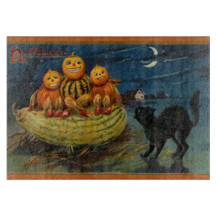 Vintage Halloween Pumpkins Black Cat Cutting Board