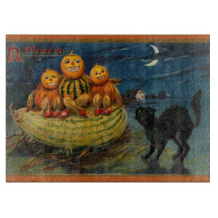 Vintage Halloween Pumpkins Black Cat Cutting Board