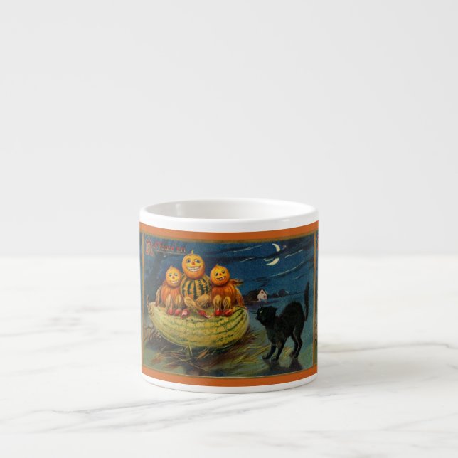 Vintage Halloween Pumpkins Black Cat Espresso Cup (Front)