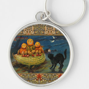 Vintage Halloween Pumpkins Black Cat Key Ring