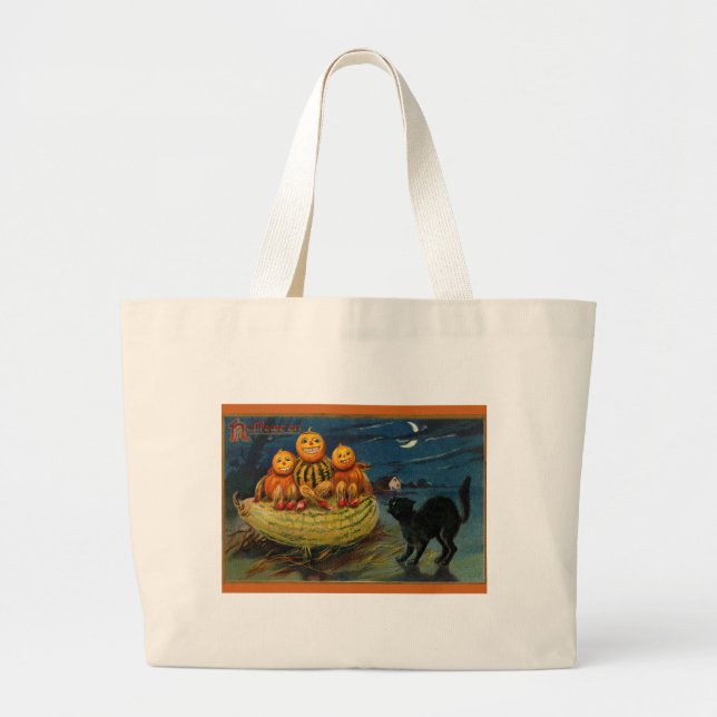 Vintage Halloween Pumpkins Black Cat Large Tote Bag (Front)