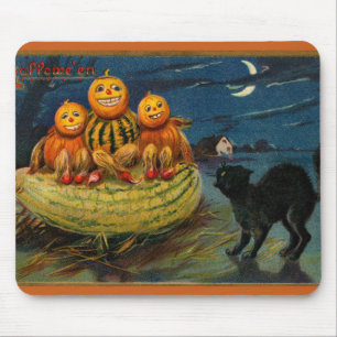 Vintage Halloween Pumpkins Black Cat Mouse Pad