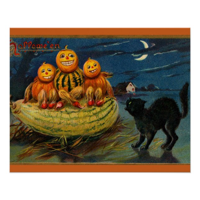 Vintage Halloween Pumpkins Black Cat Poster (Front)