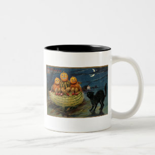 Vintage Halloween Pumpkins Black Cat Two-Tone Coffee Mug
