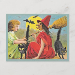 Vintage Halloween Red Witch With Bats & Black Cats Postcard