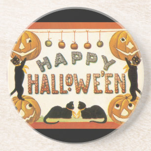 Vintage Halloween, Retro Cats with Pumpkins Coaster