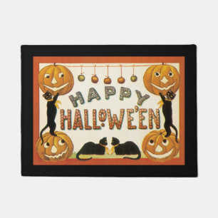 Vintage Halloween, Retro Cats with Pumpkins Doormat