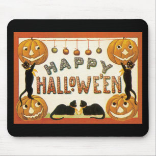 Vintage Halloween, Retro Cats with Pumpkins Mouse Pad
